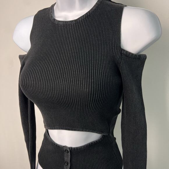 NWT Zara Acid Wash Cutout Long Sleeve Knit Top Size Small - Picture 3 of 7